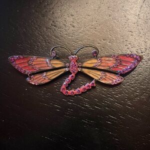 Vintage Anne Koplik Dragonfly Brooch with Pink and Yellow Enamel Swarovski